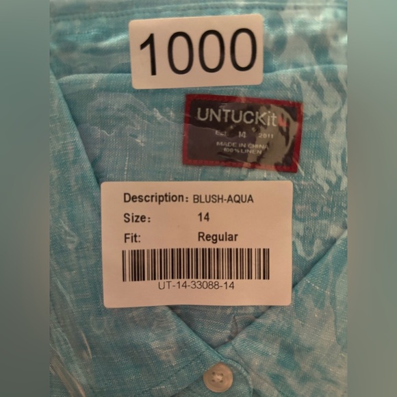 NEW UNTUCKit Blush-Aqua Button‎ Down Cottage Preppy Shirt Blue Sz 14 $98 1000 - Picture 8 of 8